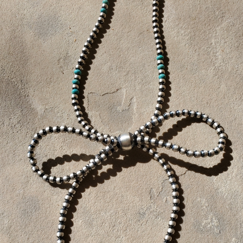Sterling Silver Navajo Pearl Turquoise Bow Necklace